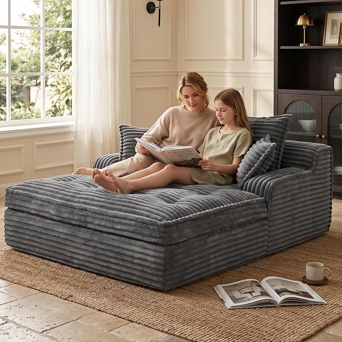 Boneless Chaise Lounge Couch Indoor, Oversized Corduroy Upholstered Sofa Bed