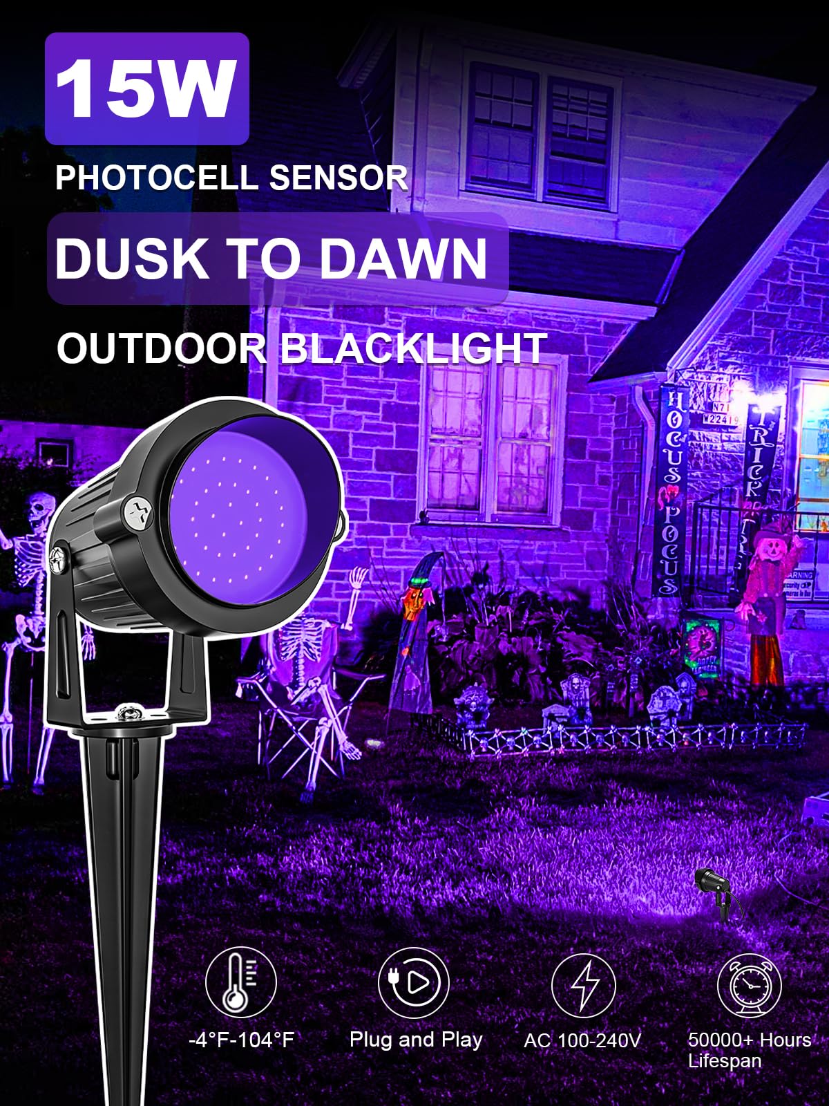 DOREIO Halloween 120V Blacklight Spotlight 15W Outdoor LED Landscape Lighting Dusk to Dawn Photocell Light Sensor with US Plug for Glow Dance Party, Body Paint, Fluorescent Poster, Neon Glow(1 Pack)