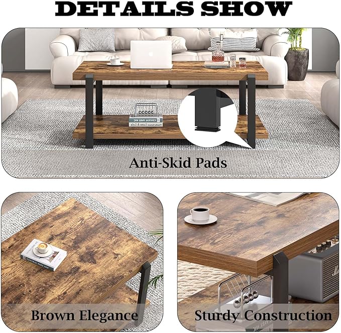 FOLUBAN Modern Coffee Table, Rustic Wood Center Table