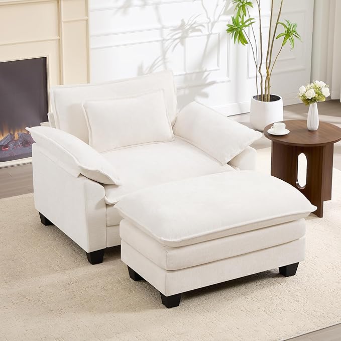 Oversized Accent Chair with Ottoman Set of 2, Upholstered Armchair with Extra