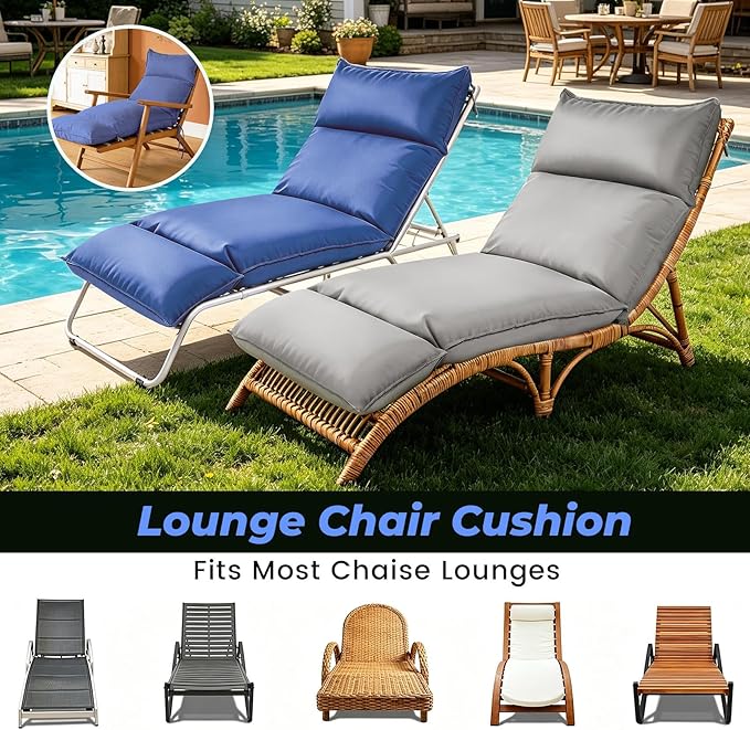 Outdoor Chaise Lounge Chair Cushion, Waterproof Non-Slip Patio Chaise Lounge