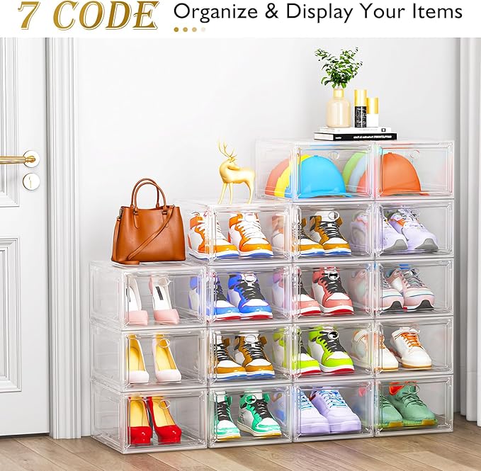 7 code Large Clear Shoe Boxes Organizer【Thicker Material】 Stronger Shoe Box