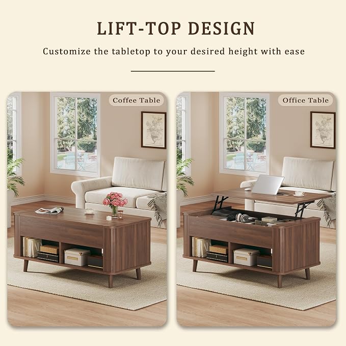 Lift Top Coffee Table with Storage, 41" Mid Century Modern Coffee Table with Fluted & Curved Profile Design, Hidden Storage Compartment, Lower Shelf Center Table for Living Room Office, Walnut