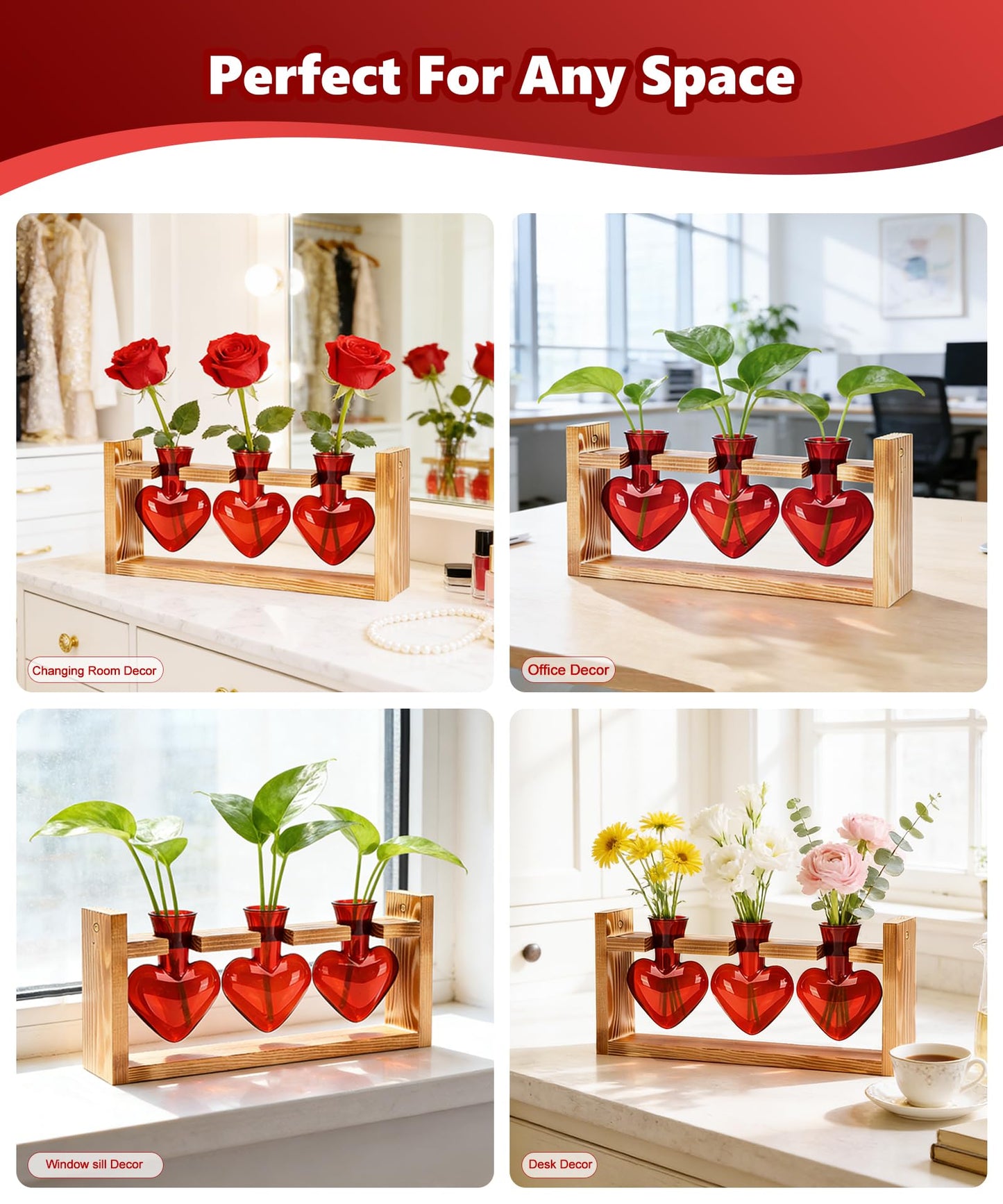 Nacome Plant Terrarium Propagation Stations: Mothers Day Gifts for Mom Plant Lovers Women Wife Daughter - 3 Bulb Glass Vase with Wooden Stand Tabletop for Hydroponics Garden Home Wall Decor(Red)