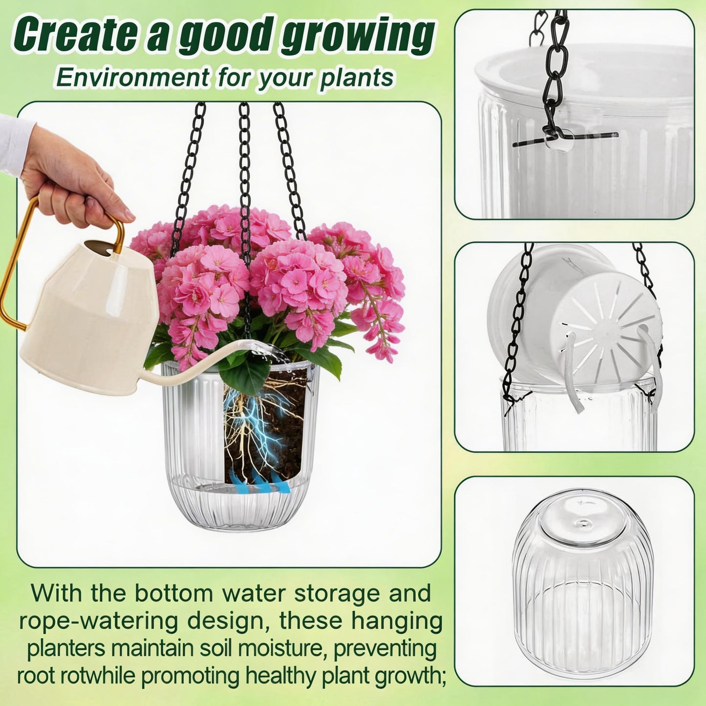 12 Pcs 4.5 Inch Self Watering Hanging Planters for Indoor Outdoor Plants Bulk Pet Small Hanging Flower Pots with Chain Hooks Drainage Holes with Labels 3 Transplant Tools Baskets for Simple Plant Care