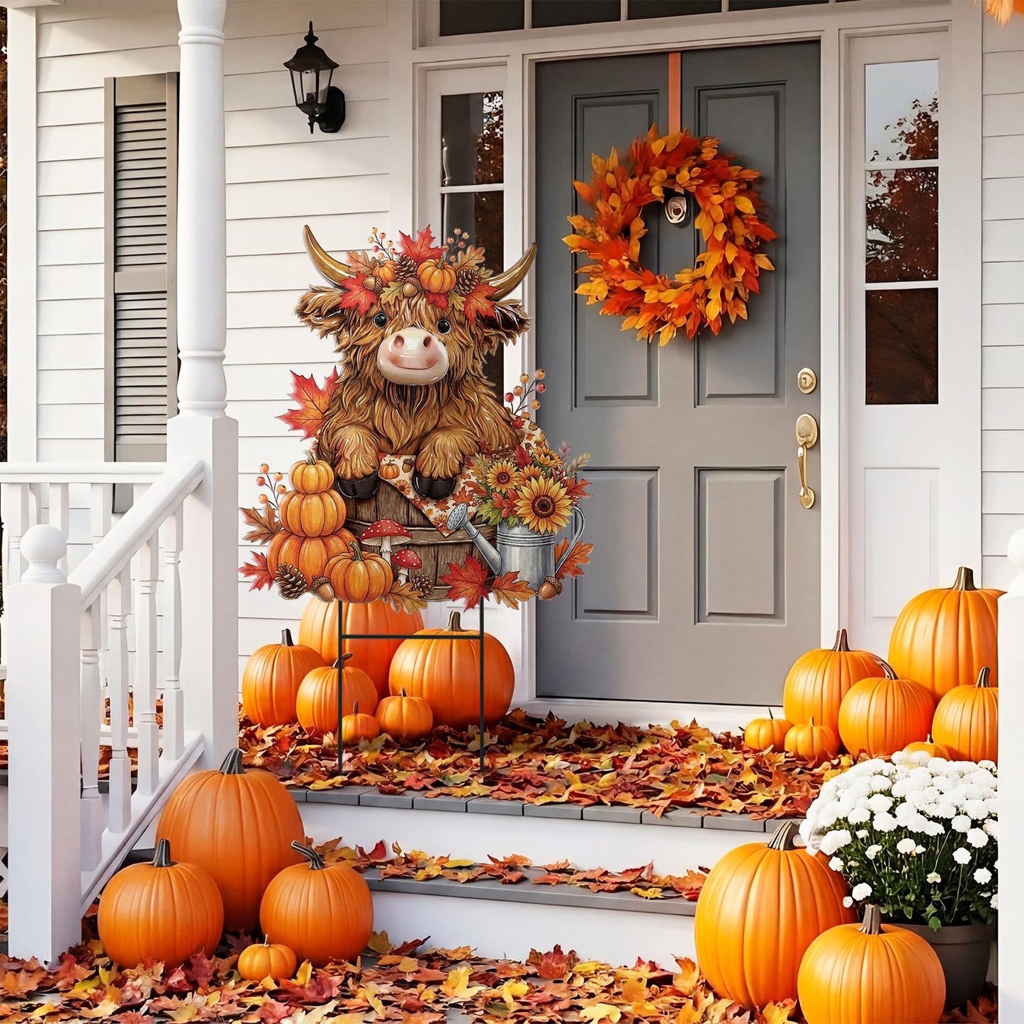 Amyhill Fall Highland Cow Outdoor Decor Autumn Harvest Highland Cow Metal Garden Stakes Fall Pumpkin Maple Leaves Farmhouse Outdoor Yard Signs for Home Lawn Porch Patio Thanksgiving Decor