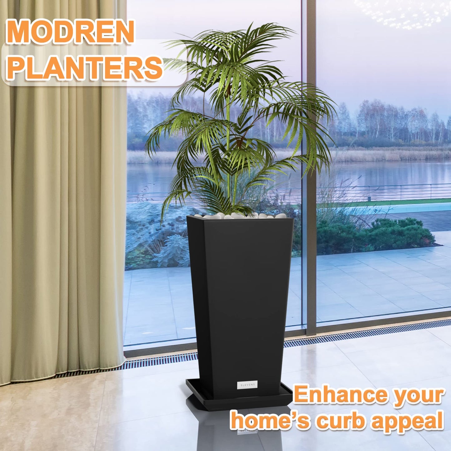 Elevens Outdoor Planter Larger Flower Pots Indoor Taper Garden V-Shape Tall Planters 28 inches Garden Pots Planter with 2 Trays - Black（2 Packs）, 28"-2 Pack (A-GE01002)