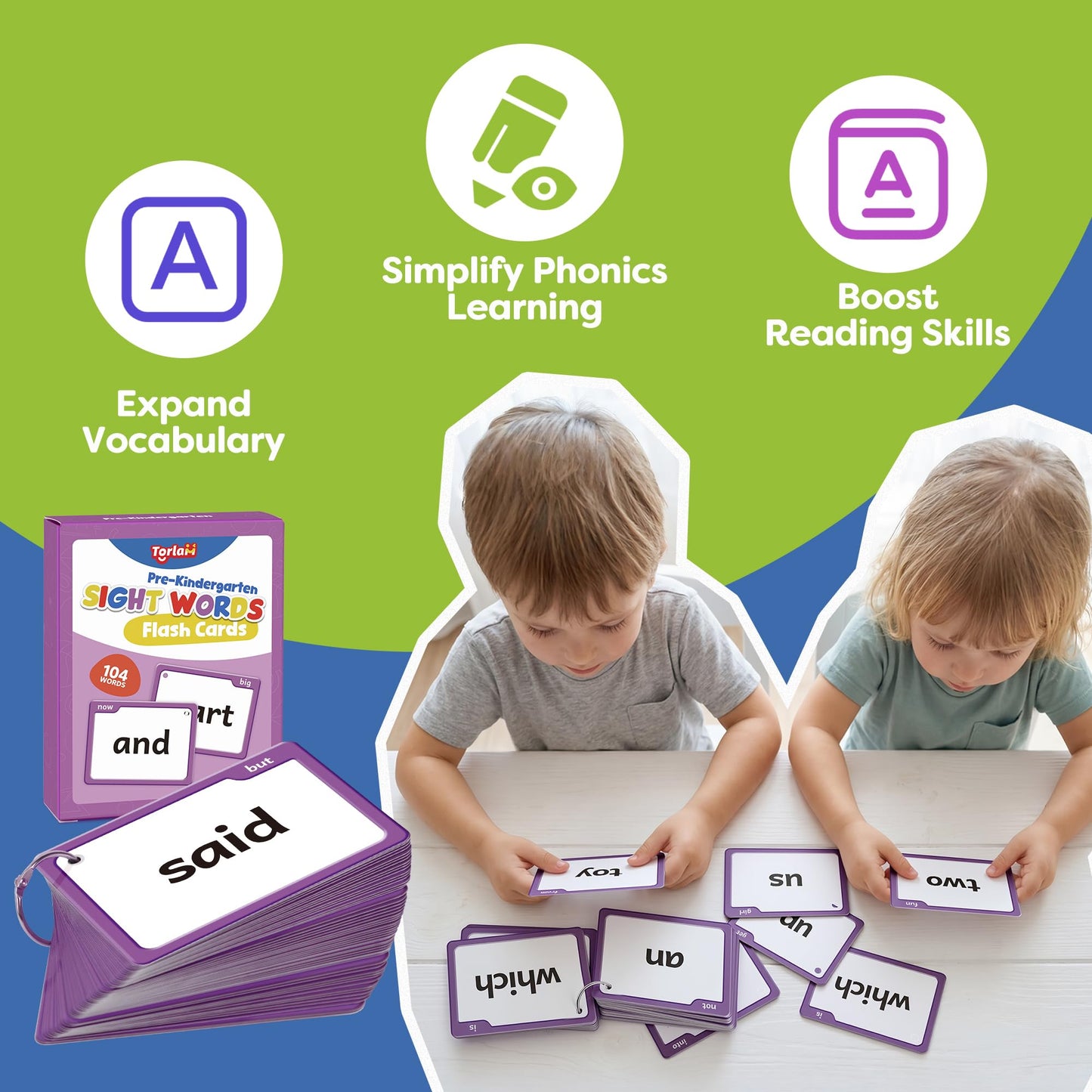 Torlam Sight Words Flash Cards for Kids Pre-Kindergarten,Learn to Read Digraphs CVC Blends Long Vowel Sounds Spelling Reading Phonics Games for 2-4 Years, Site Words Classroom Homeschool