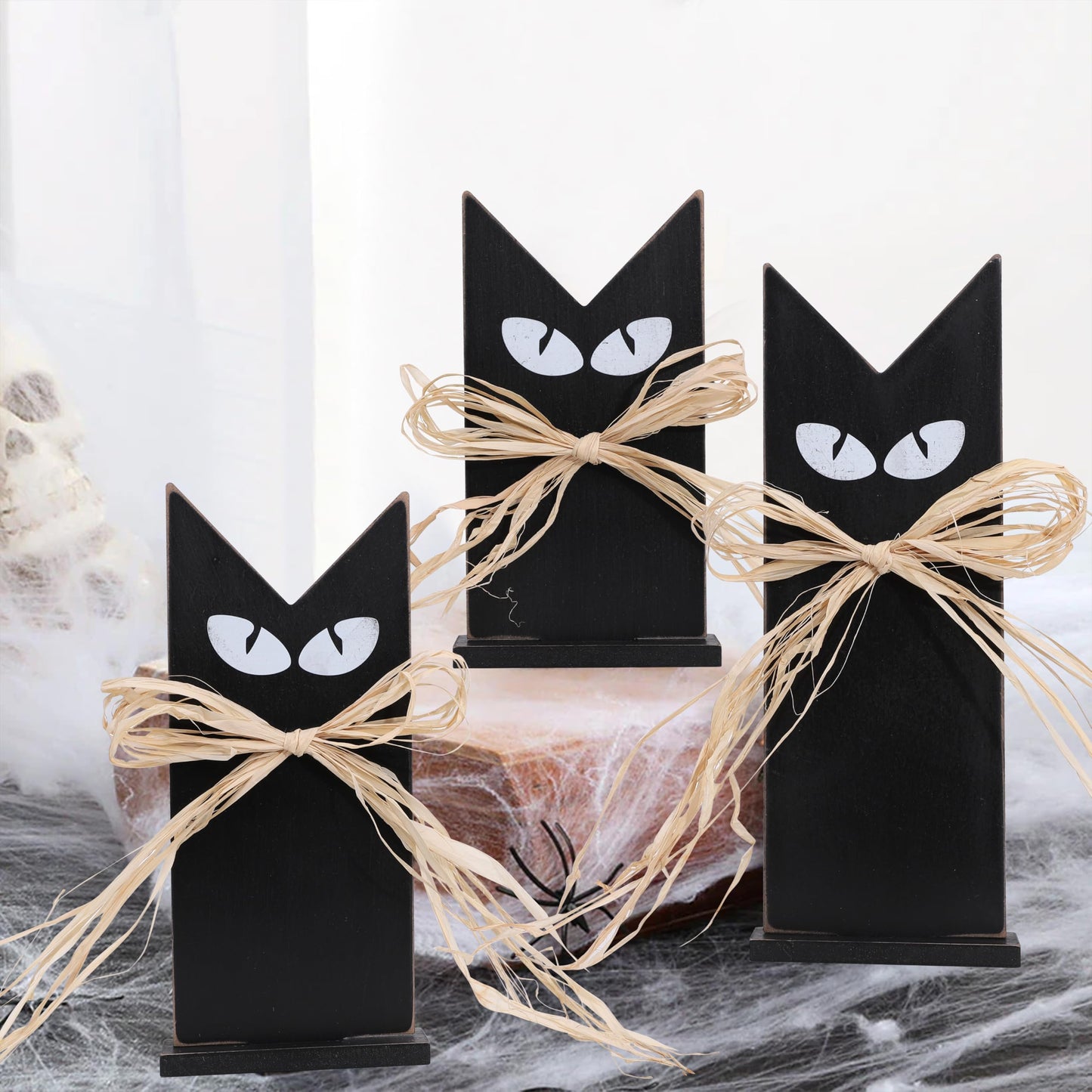 Set of 3 Wooden Black Cats Table Decor – Rustic Halloween Decorations, Tiered Tray Accents, Farmhouse Spooky Black Cat Figurines in 3 Sizes