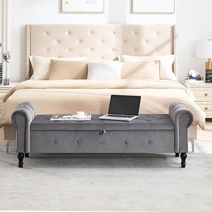 67" Storage Bench for Bedroom, Velvet End of Bed Bench, King Size Bench