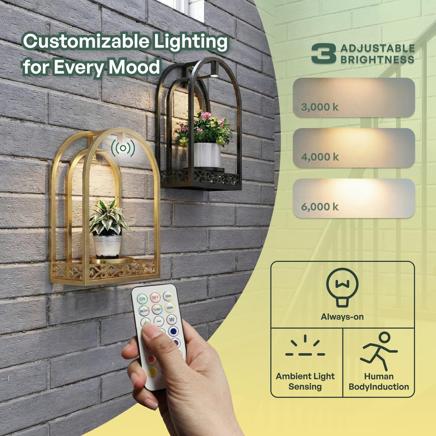 Rioneta LED Grow Light Wall Hanging Planters with USB Power, Remote Control, Modern Decor for Indoor/Outdoor Plants, Living Room, Garden, Patio 2 Pack Gold