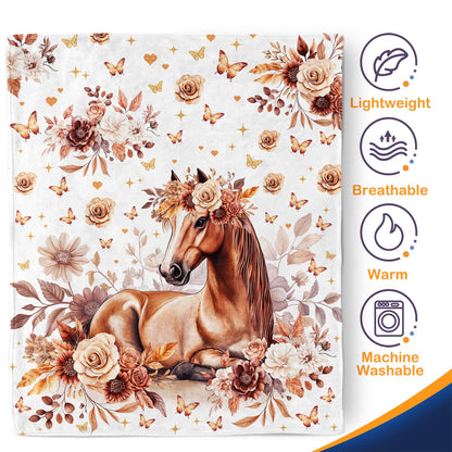 Horse Blanket Gifts for Girls Women Teens Flowers Cute Horses Lovers Living Room Decor Soft Cozy Bed Couch Plush Birthday Christmas Throw Blanket 50"x60"