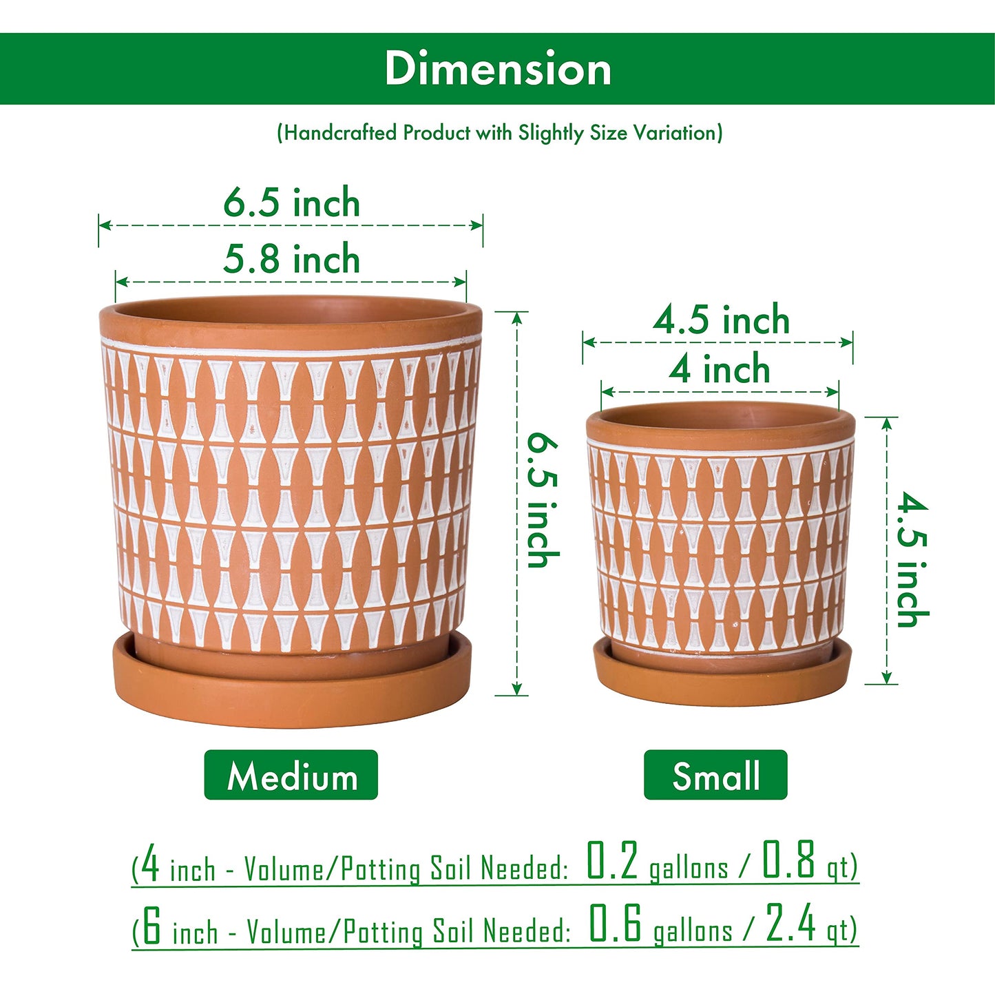 D'vine Dev Set of 2 Terracotta Pots, 4 Inch & 6 Inch, Planter Pots for Plants with Drainage Holes and Saucers, Pottery Red/White, 31-958-B-1