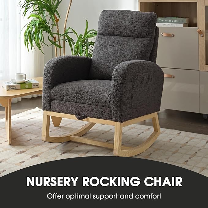 NIOIIKIT Modern Nursery Rocking Chair, Teddy Upholstered Rocking Chair