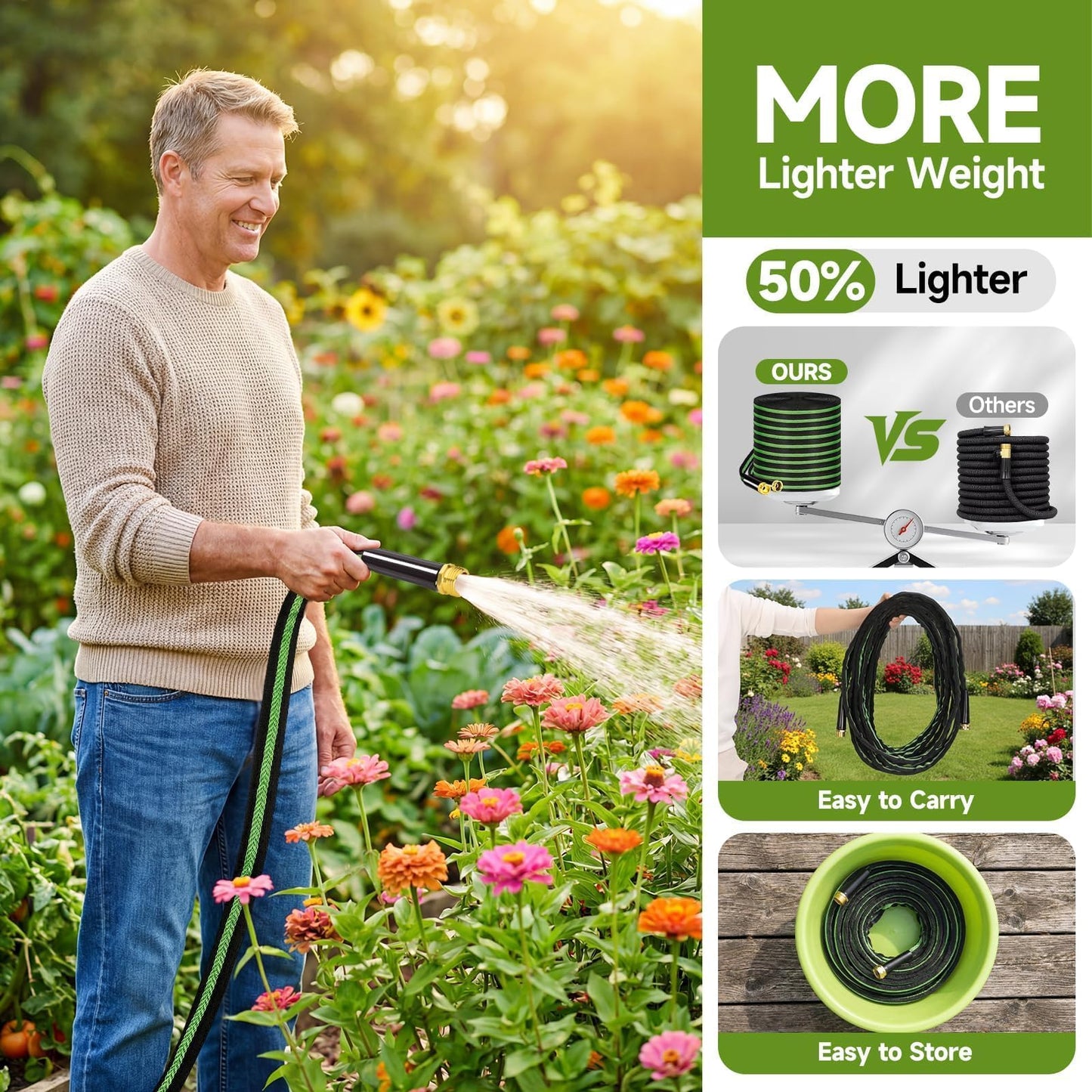 VIONMI Garden Hose 25 ft Flexible Non-Expandable Water Hose Kink-Free Lightweight Leak-Proof High Pressure Durable Outdoor Portable Fabric Hoses Pipe with 3/4” Sturdy Fittings for Yard Lawn Car Wash
