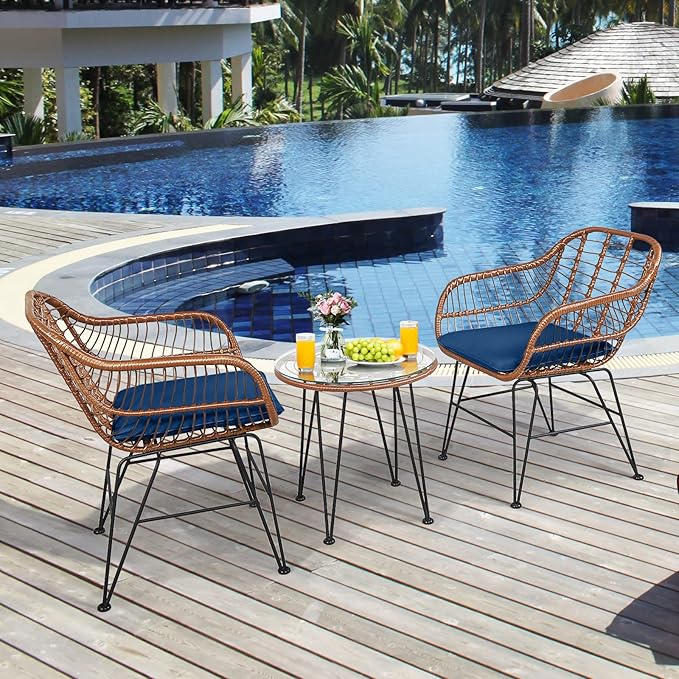 Tangkula 3 Pieces Patio Conversation Bistro Set, Outdoor Wicker Furniture