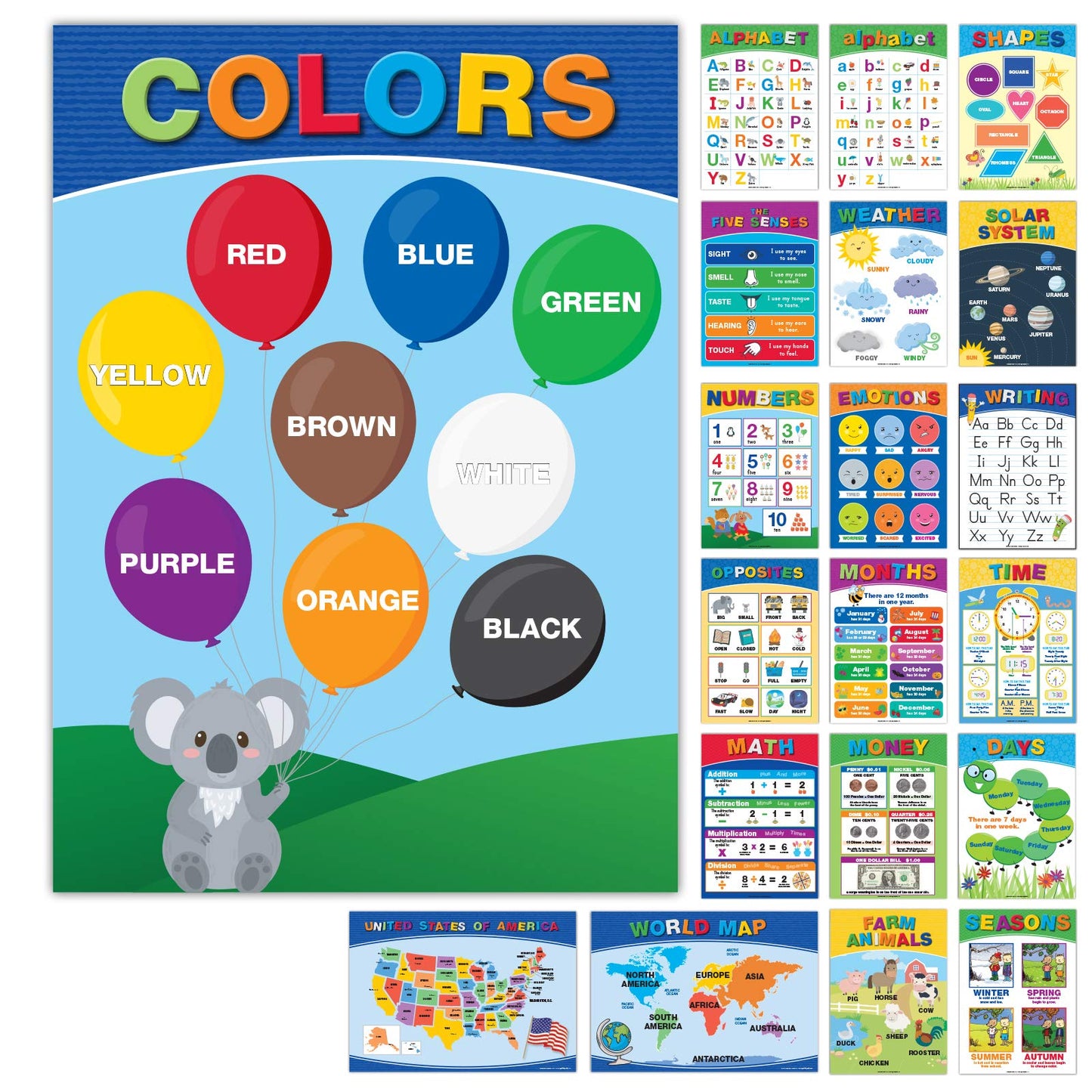 Global Printed Products, 20 Large Educational Posters For Kids (16.5x12 Double Sided English/Spanish) Alphabet Colors Letters Numbers Shapes Months Days Weather Time Animals Solar System Seasons Map
