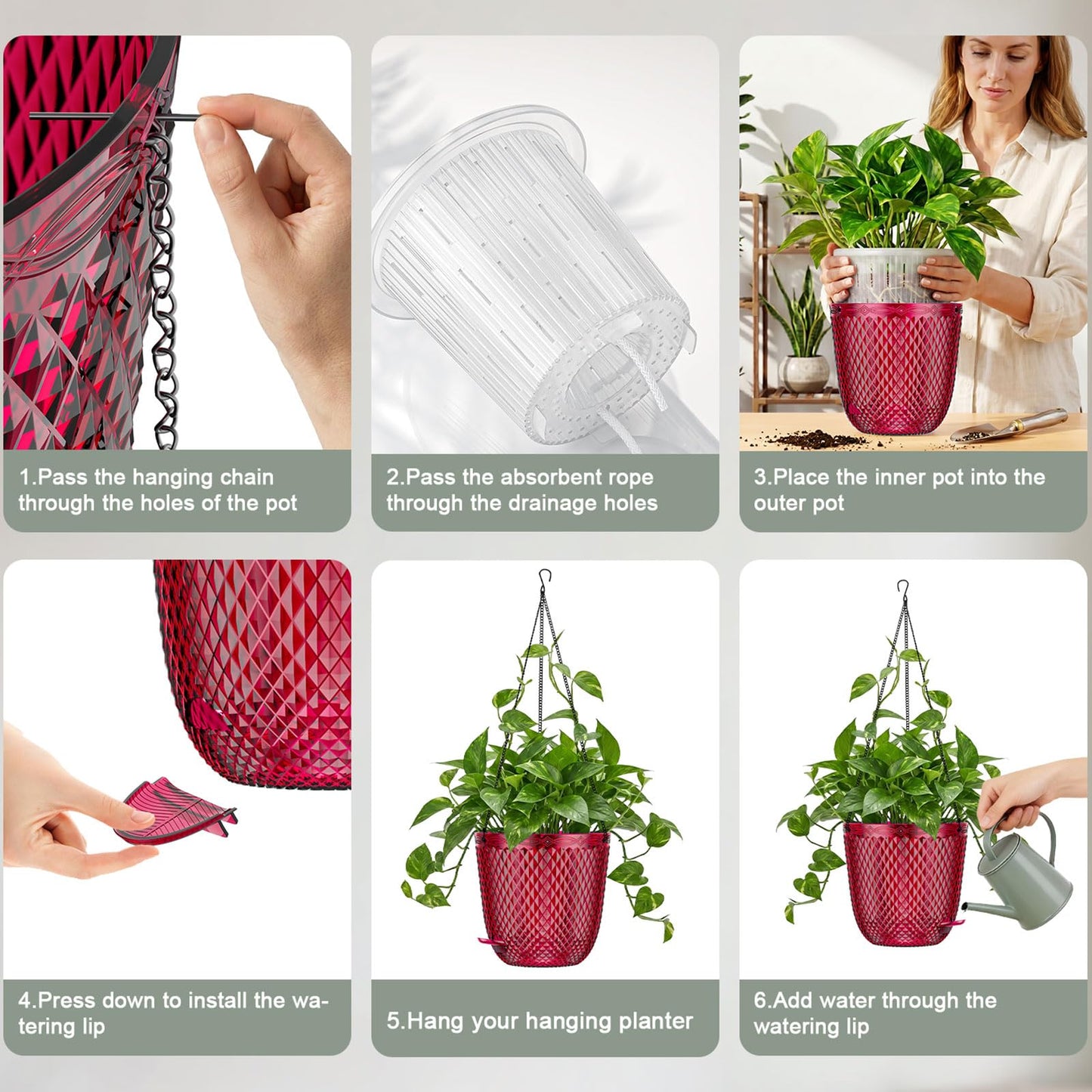 QCQHDU Hanging Planters for Indoor Plants, 2-Pack 7.2 Inch Self Watering Hanging Pots, Plastic Plant Hanger with Drainage Holes and 3 Hooks Chains for Garden Home (Red)