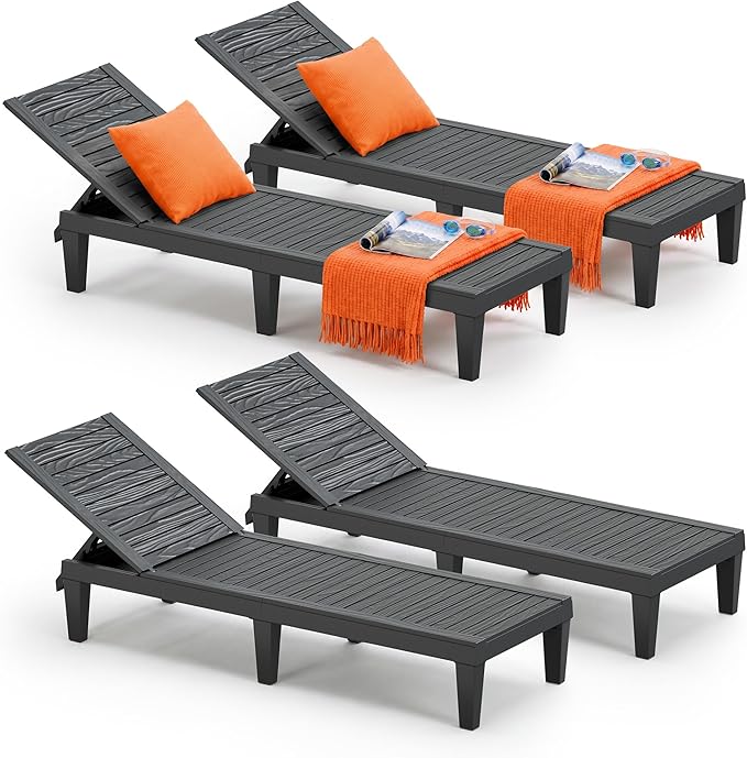 Outdoor Chaise Lounge Chairs Set of 4, 5-Position Adjustable Heavy Duty Tanning