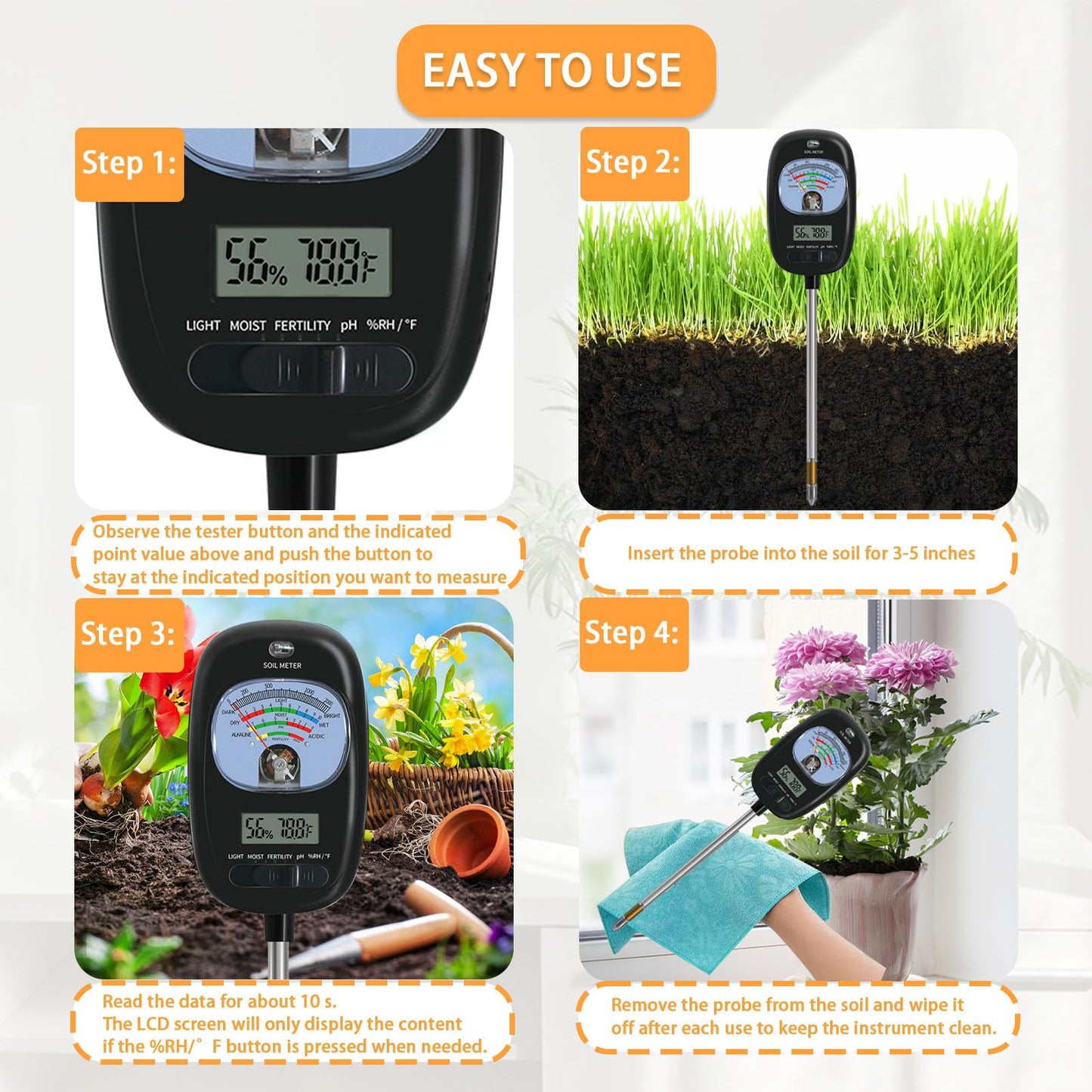 7-in-one Soil Test Kit, Soil Moisture Meter/PH Meter/Sunlight Intensity/Fertility Soil Tester, LCD Display Air & Soil Hygrometer Temperature for Hous Plants Garden, Farm, Lawn Care Moisture Meter
