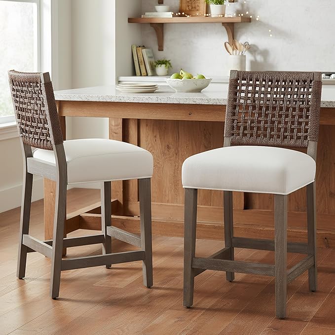 27-Inch Midcentury Modern Counter Stools, Wooden Wicker Stool Chairs