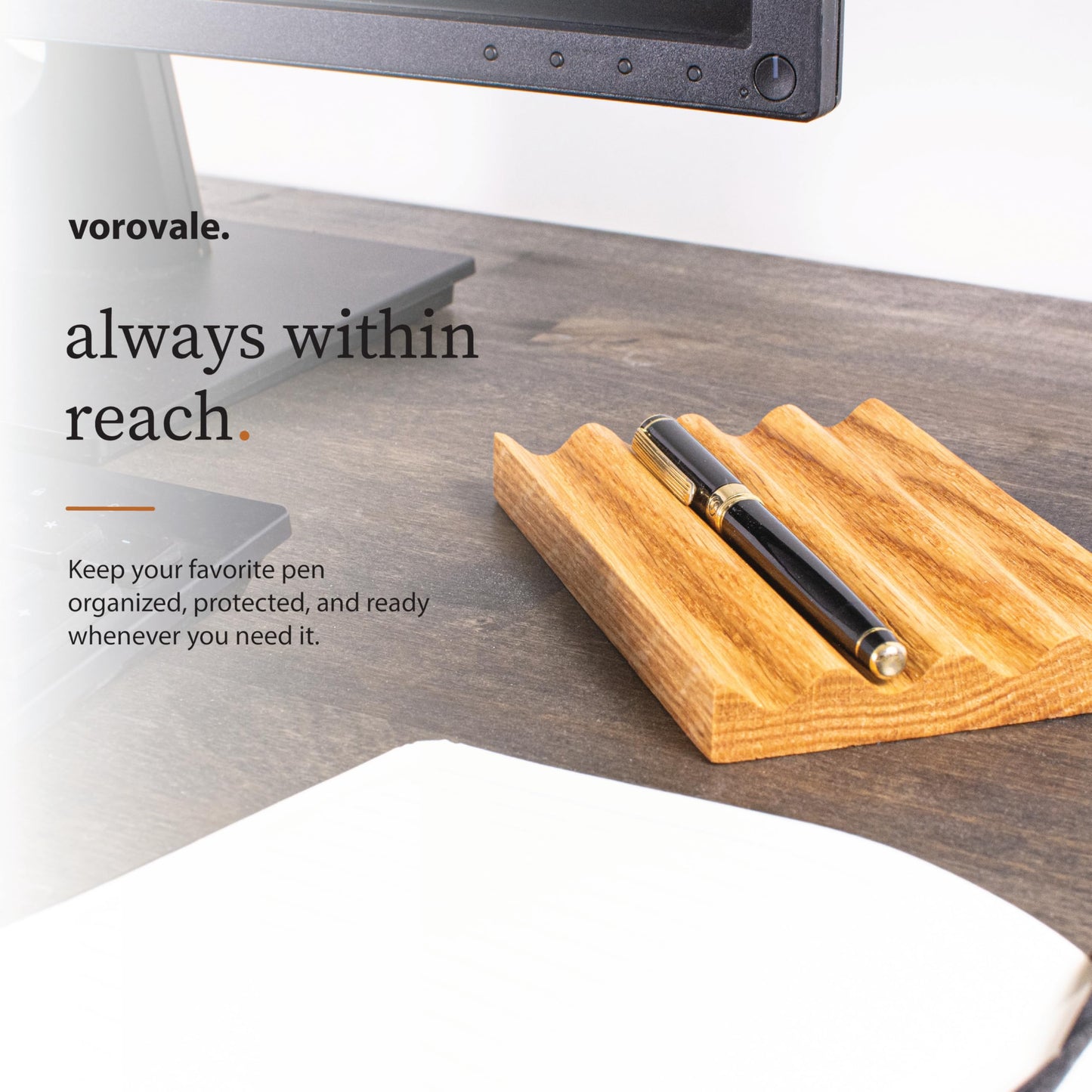 Vorovale Solid Oak Pen Tray, Minimalist Desk Organizer, Natural Wood Pen Holder with Rounded Wavy Channel, Handcrafted Office Accessory