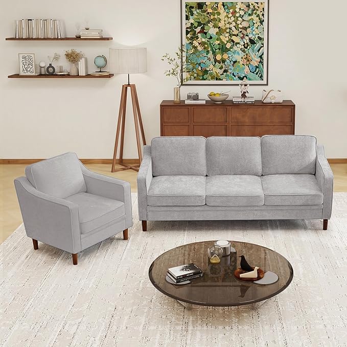 Kingfun Living Room Furniture Sets, 3 Seater Couch and Loveseat, Mid Century
