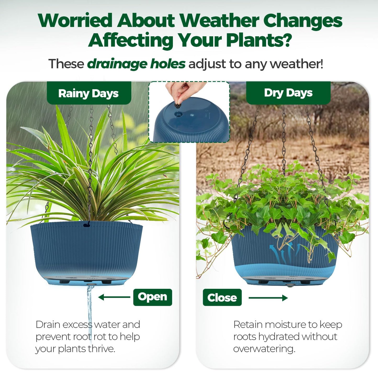 T4U 12 Inch Large Hanging Planters for Outdoor Plants, 2 Pack Self Watering Pots Indoor, Hanging Baskets for Plants,Hanging Flower Pot with Drainage Hole and Plant Hanger, Blue