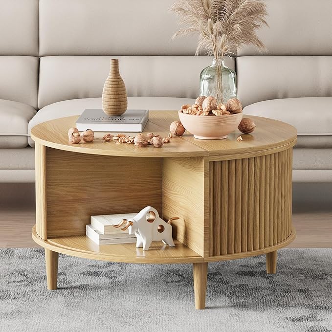 Round Coffee Table with Storage, Fluted Lift Top Coffee Table