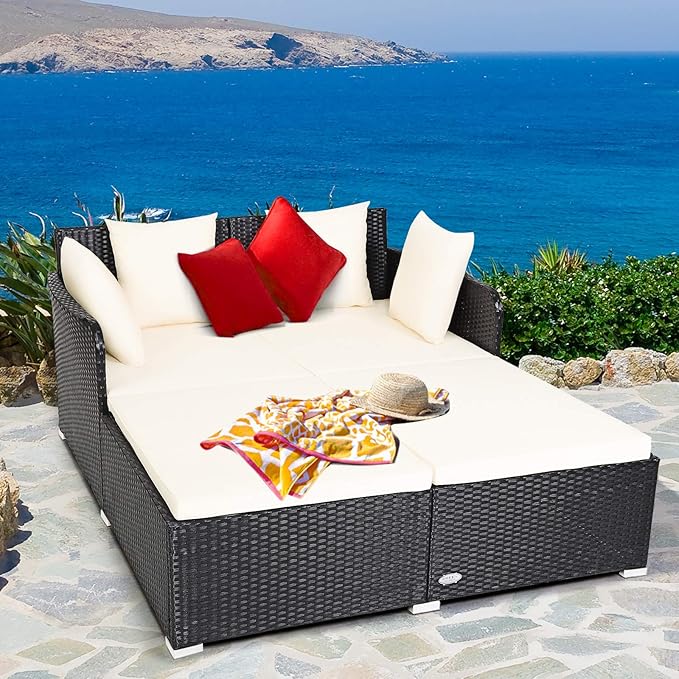 COSTWAY Outdoor Patio Rattan Daybed, Sponge Cushioned Loveseat Sofa