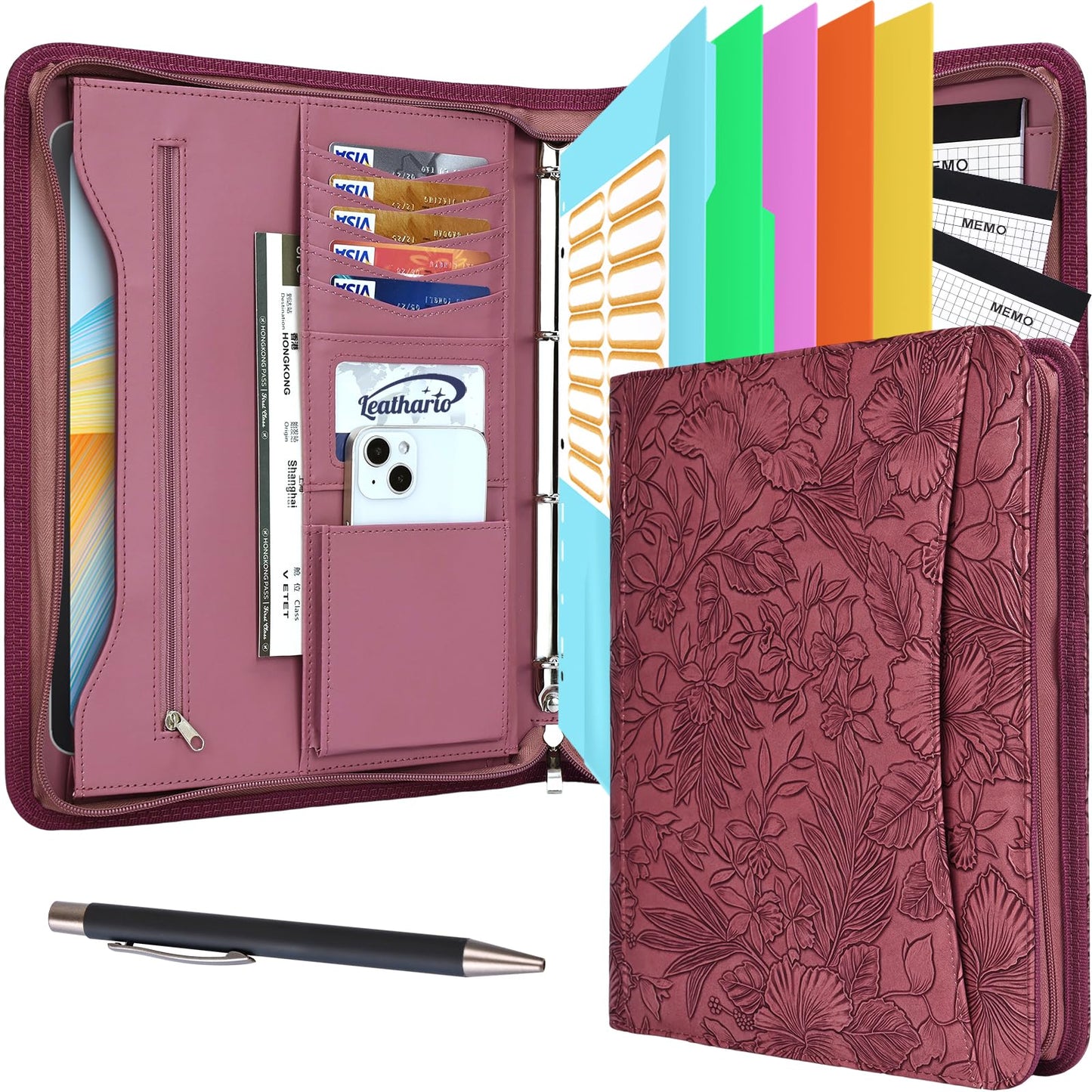 Leathario Portfolio Binder, Includes 5 Folder Index Dividers and 3 Notepads, 3-Ring Folder Organizer, Padfolio with Zipper, Vegan Leather Tablet Sleeve, Business Office Conference Clipboards