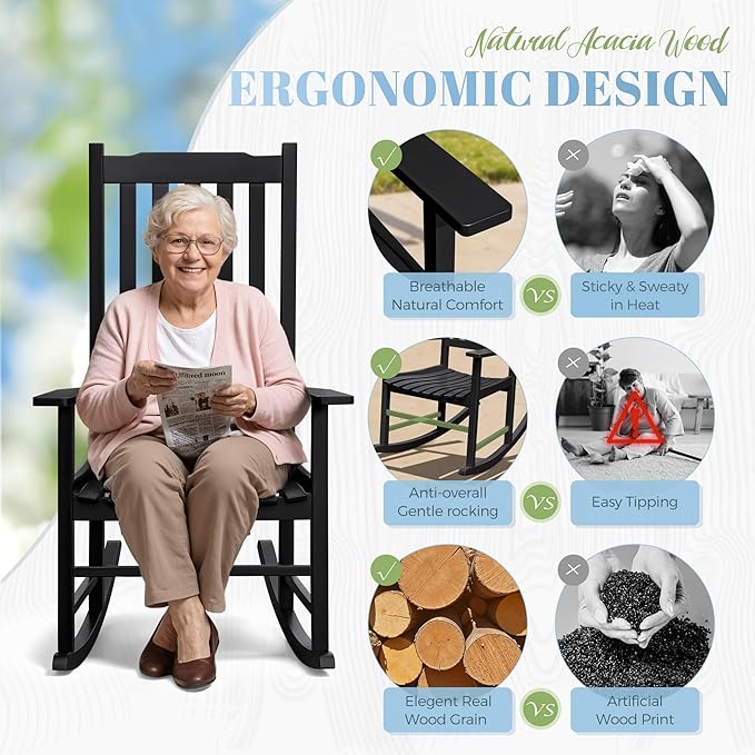 Flamaker Acacia Wood Patio Rocking Chair Set of 2, High Back and Widen Armrest