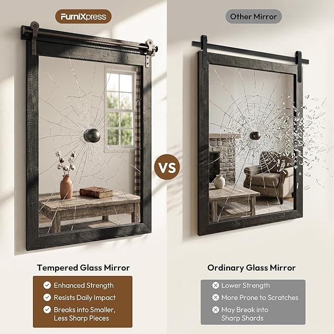 24"x36" Black Barn Door Wall Mirror, Solid Wood Framed Rustic Accent Mirror
