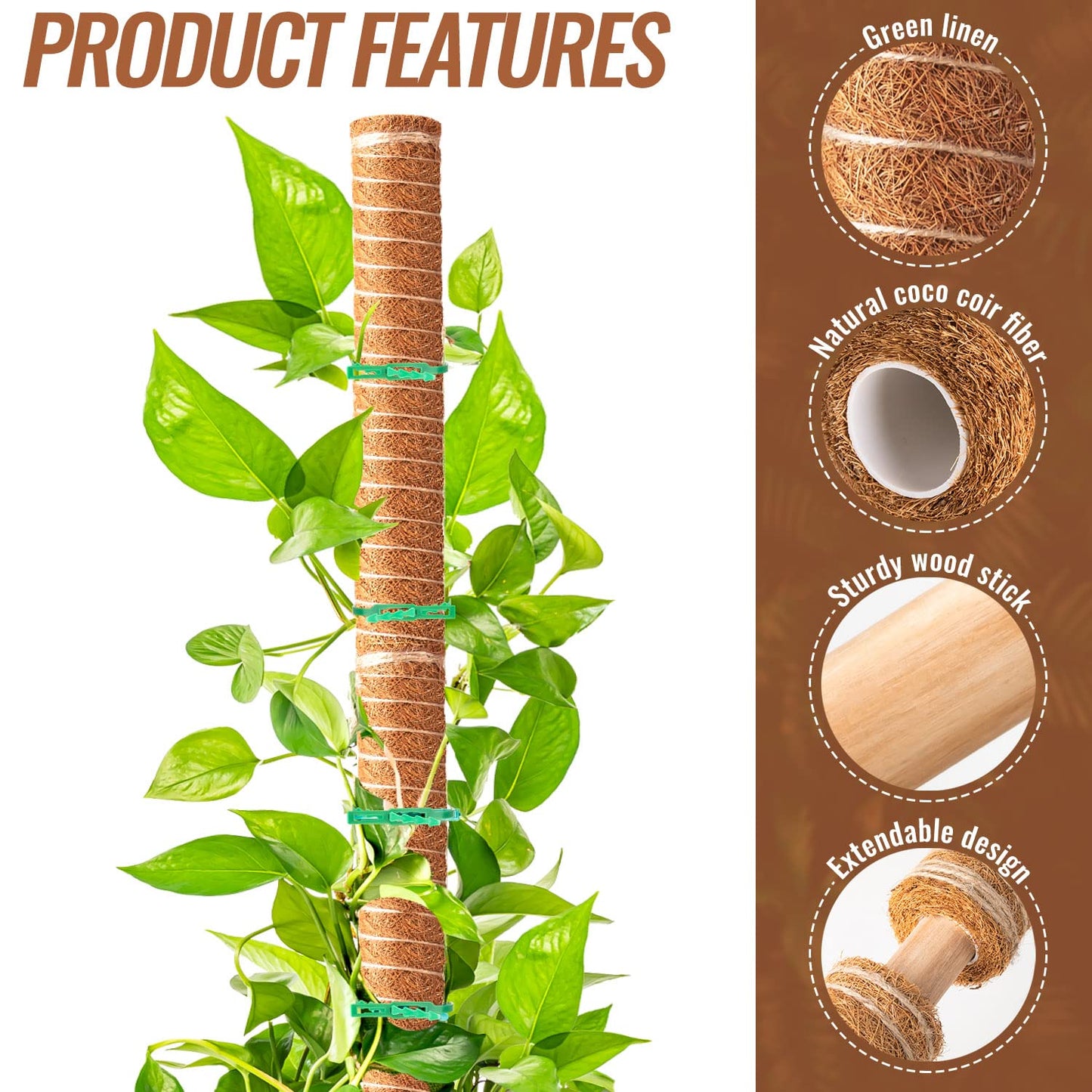 4 Pcs 12 Inches Coir Totem Pole With 8 Pcs Adjustable Plant Twist Ties - Moss Stick for Creepers Plant Support Extension, Climbing Indoor Plants