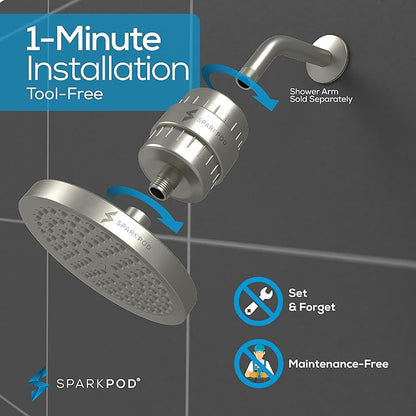 SparkPod 23-Stage Filtered Shower Head, 6" Round, Brushed Nickel | Filtered Shower Head for Hard Water Filter, High Pressure, Reduces Chlorine, Heavy Metals, For Dry Skin & Hair