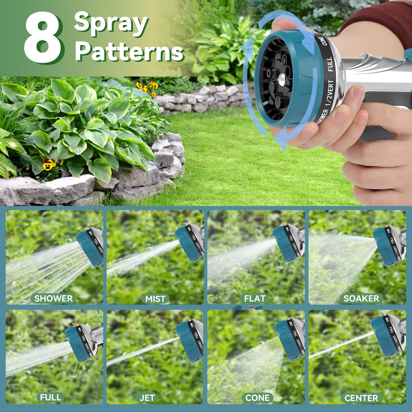 Garden Hose Nozzle, Heavy Duty Metal Water Hose Nozzle with 8 Adjustable Spray Patterns, High Pressure Hand Sprayer with Flow Control for for Garden Watering, Car & Pet Washing