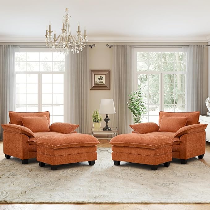 Oversized Accent Chairs with Ottoman Set of 2, Modern Comfy Reading Chair