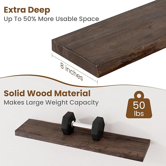 Floating Shelves for Wall Decor, Rustic Solid Elm Wood Live Edge Floating
