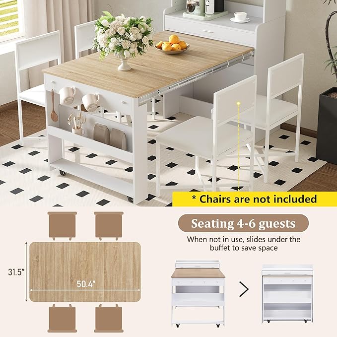 Spaco 2-in-1 Folding Dining Table and Buffet Cabinet Set, Compact Pull-Out