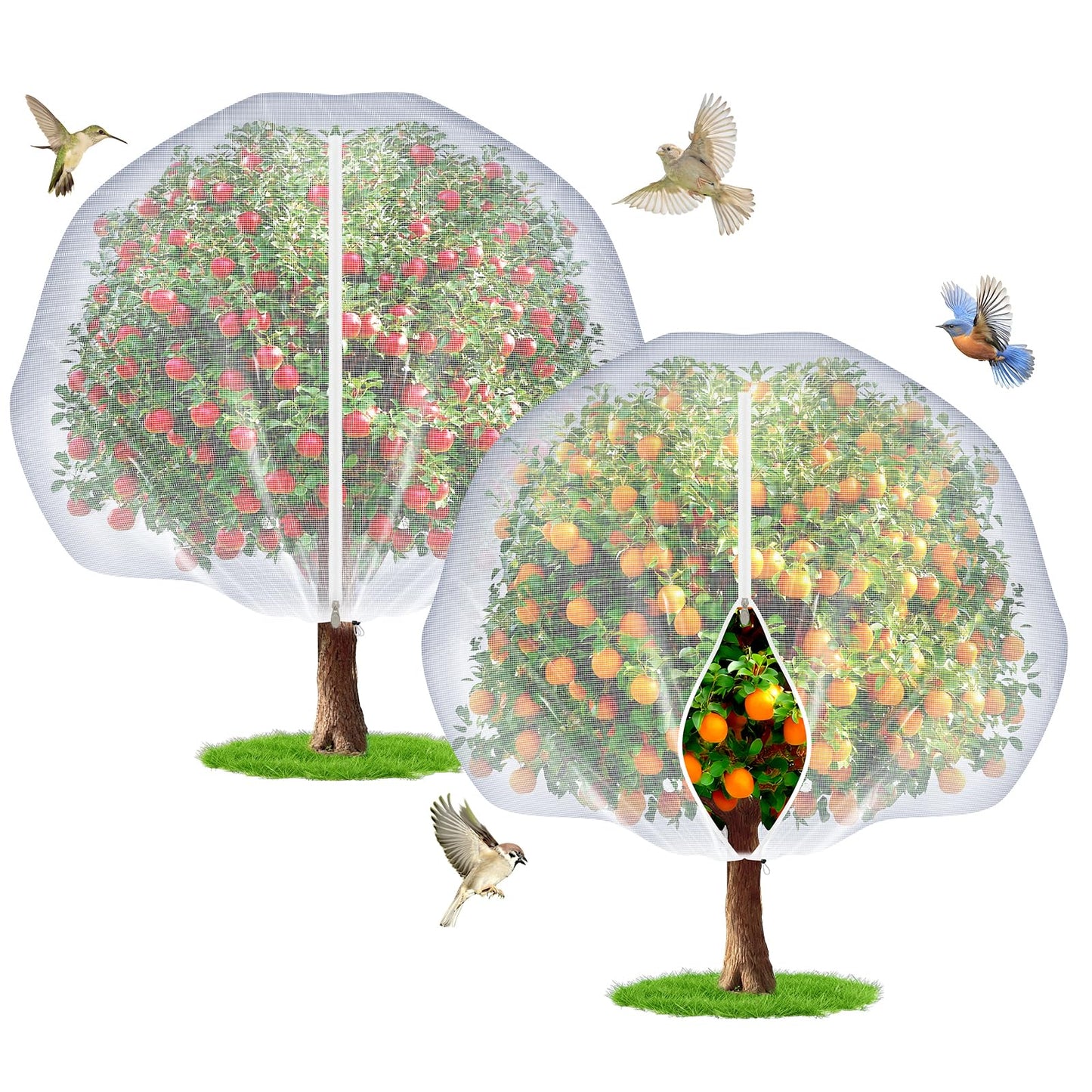 TMFsode 2 Pcs Fruit Tree Netting with Zipper and Drawstring, 8Ft x 8Ft Blueberry Bush Netting, Protective Garden Mesh Cover for Tomatoes, Fruit Tree, Flowers, Vegetables