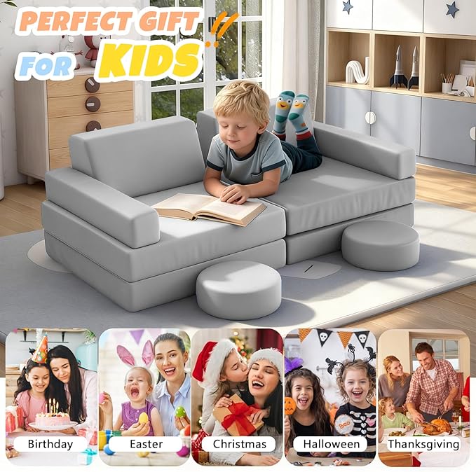 12 Pcs Modular Kids Play Sofa Convertible Foam Floor Mat and Play Fortress