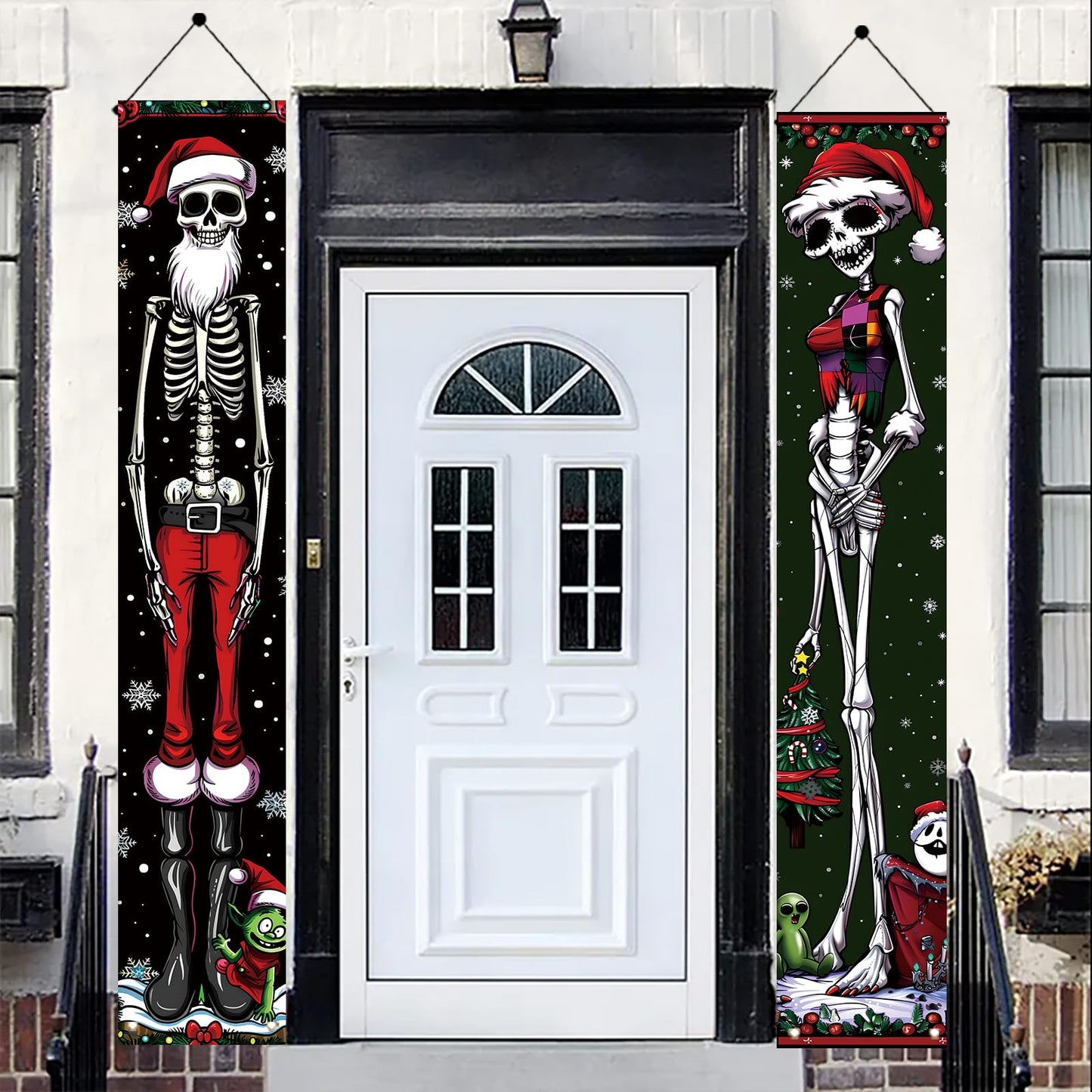 Saoplasa 2PCS Christmas Skeleton Porch Banner Decorations 71 x 12 Inch Holiday Skeleton Couple Front Door Hanging Sign Santa Hat Red Green Outfit Outdoor Wall Decor for Winter Party Yard Entrance