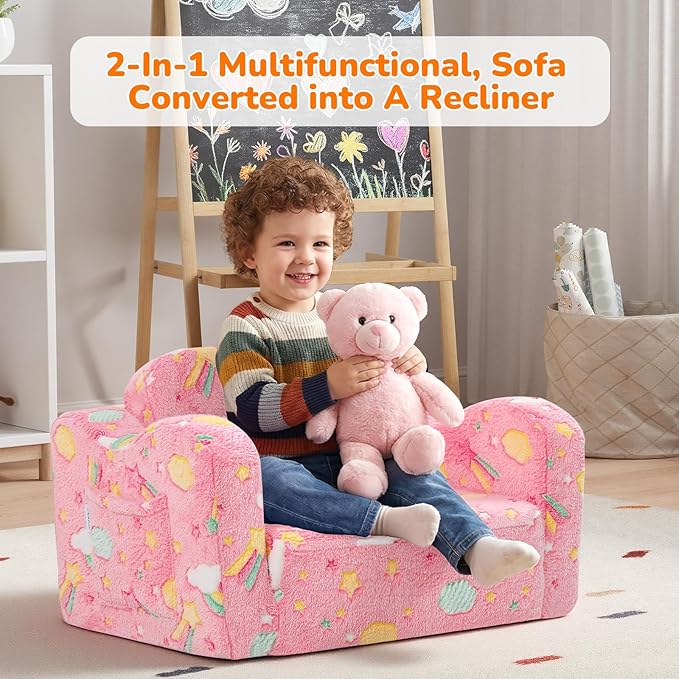 MeMoreCool Glowing Pink Rainbow Kids Chair, 2-in-1 Glow-in-the-Dark Kids Couch