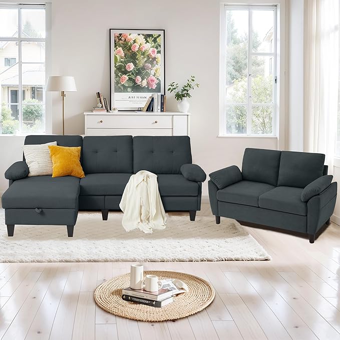 84" Convertible Sectional Sofa Set, 3 Seat L Shaped Couch