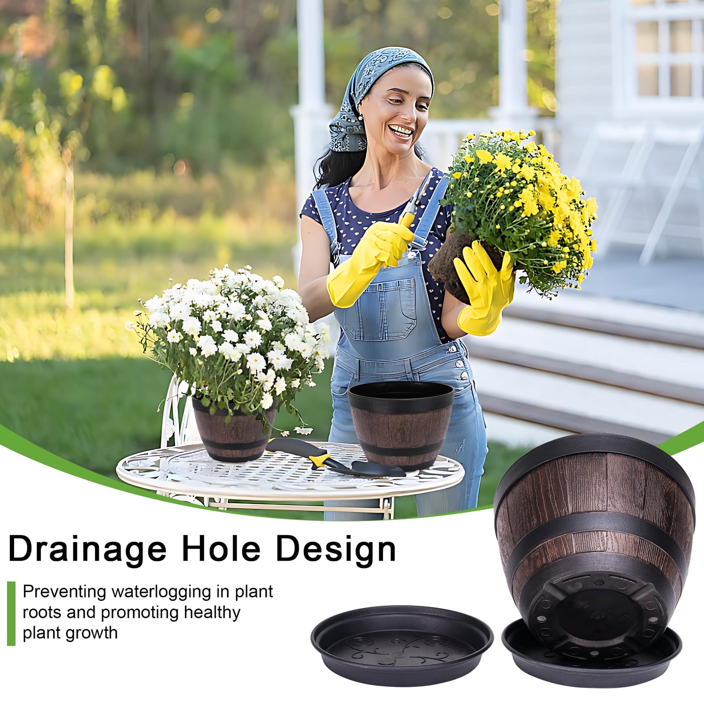 VECELO Plant Pots with Drainage Holes & Saucer, 9 Inch Flower Pots with Tray, 3 Pack Plastic Whiskey Barrel Planters for Indoor & Outdoor Garden Home Plants and Flowers