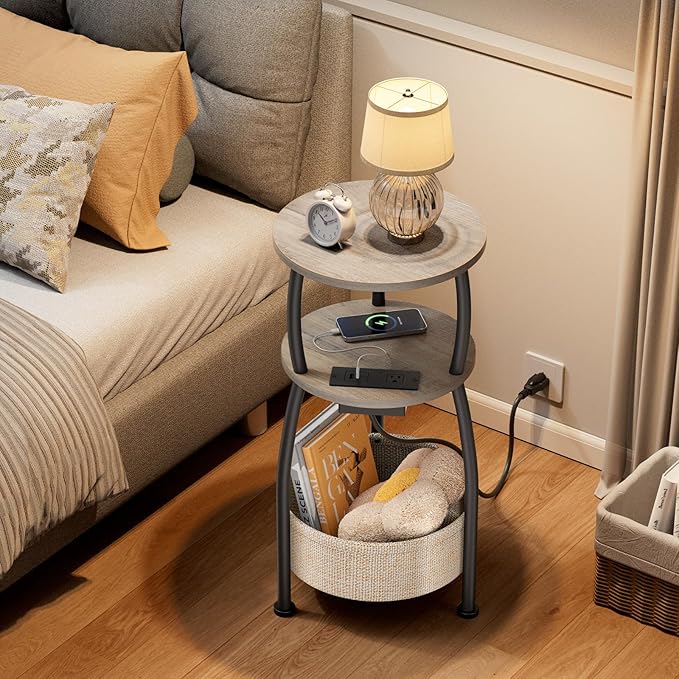 Small Side Table with Charging Station, Round End Table with Basket, USB Port