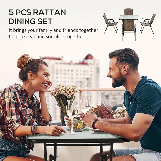 Outsunny 5 Pieces Wicker Patio Dining Set, Foldable Outdoor Table and Chairs