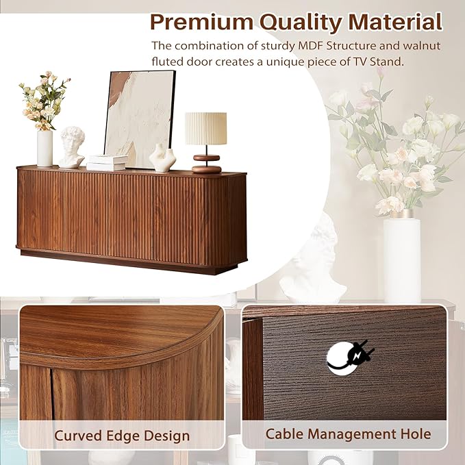 Fluted TV Stand for TVs Up to 75 Inch, Walnut Mid Century Modern TV Console for