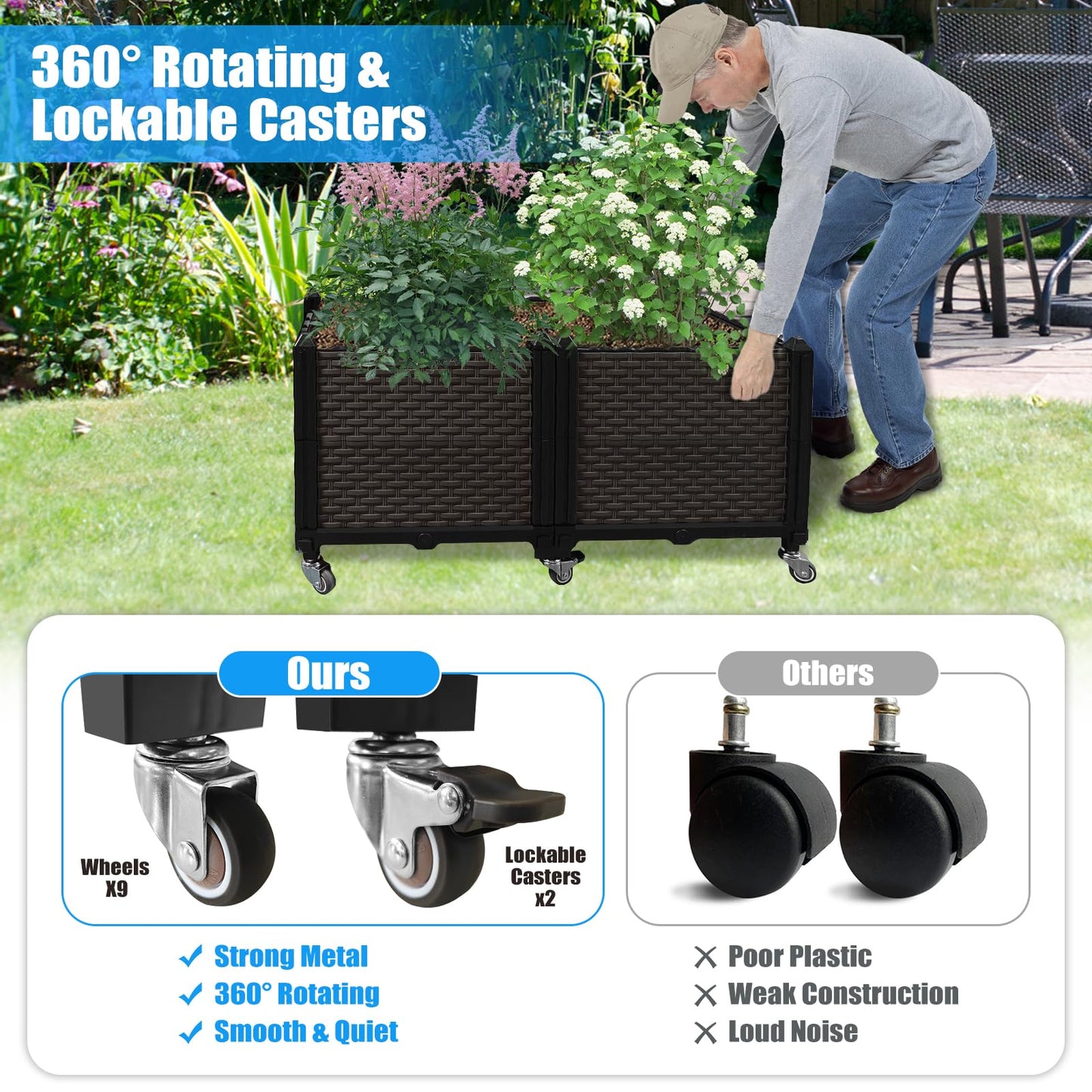 Ciao Stilista Raised Plant Box with Wheels 31.5"x15.7"x16.1", Raised Beds for Gardening Self Watering, Durable Metal Lockable Casters, Rectangular Garden Planter Perfect for Garden Patio Balcony Deck