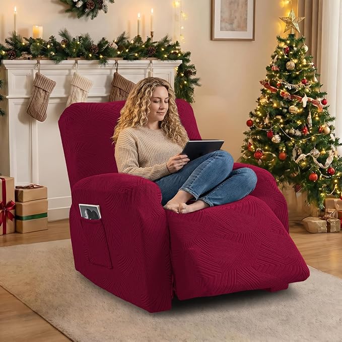 Oversized Recliner Chair Covers, 4-Piece Stretch Geometric Strokes Jacquard